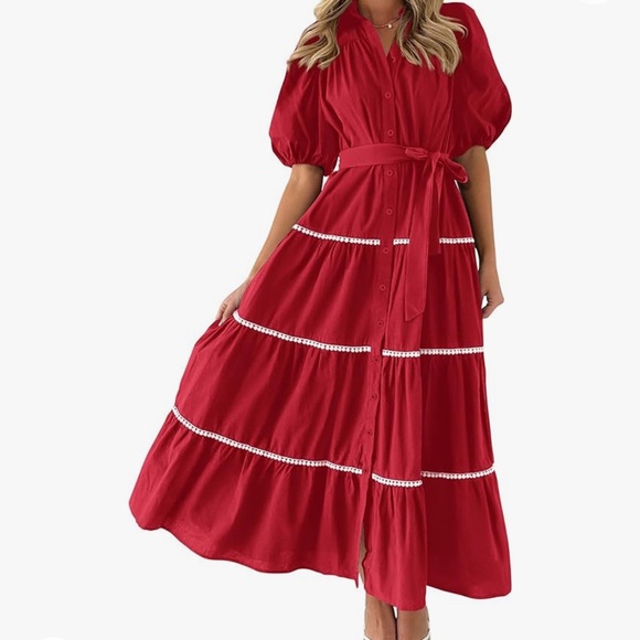 ♥️PRETTYGARDEN Womens Summer Button Down Shirt Dress Short Puffy Sleeve red - Picture 4 of 7